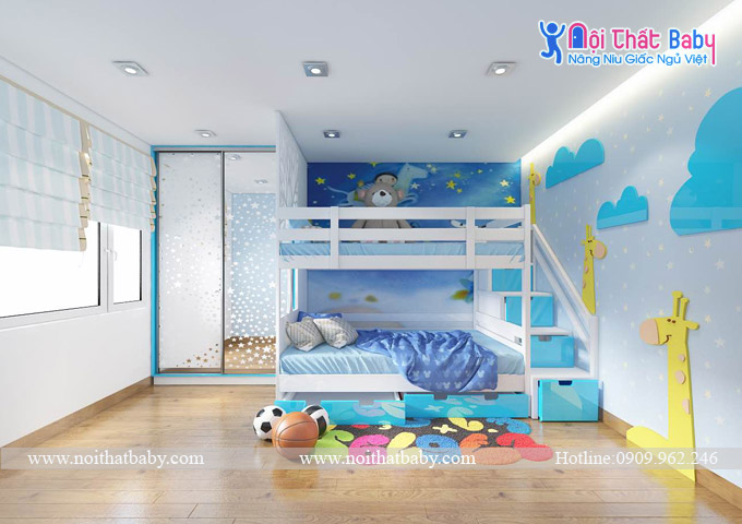 Phòng ngủ giường tầng màu xanh dương xinh xắn cho bé